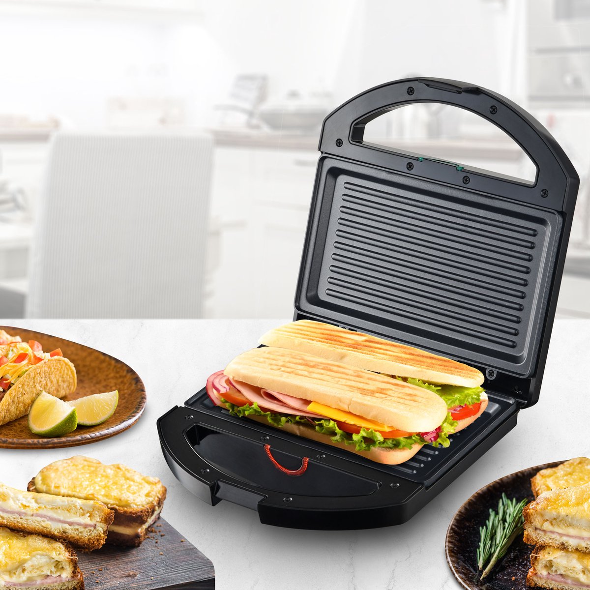 Kitchencook - K Grill - Elektrische Paninigrill – 750W – 22,5x13 cm - Aluminium Grillplaten – Antiaanbak – Cool Touch – Compact