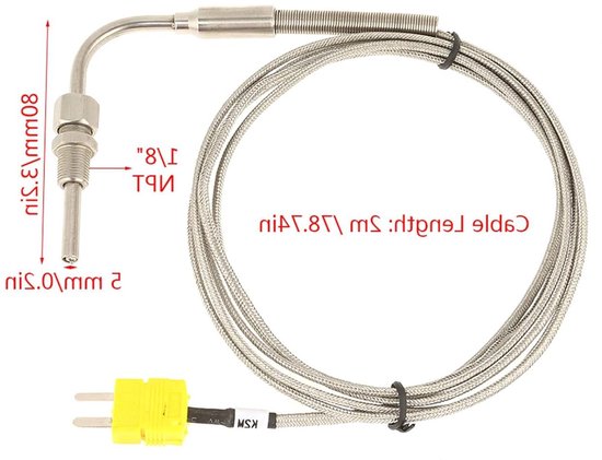 K-type Thermokoppel EGT Sensor – Blootgestelde Punt, 1/8" NPT Schroefdraad, 5 Mm Diameter, 2 Meter Kabel, Mini-connector