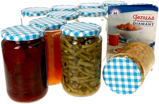 Set van 12 ronde potten 720 ml Naar 82 blauw geblokt deksel incl. Diamant Gelierzauber receptenboekje