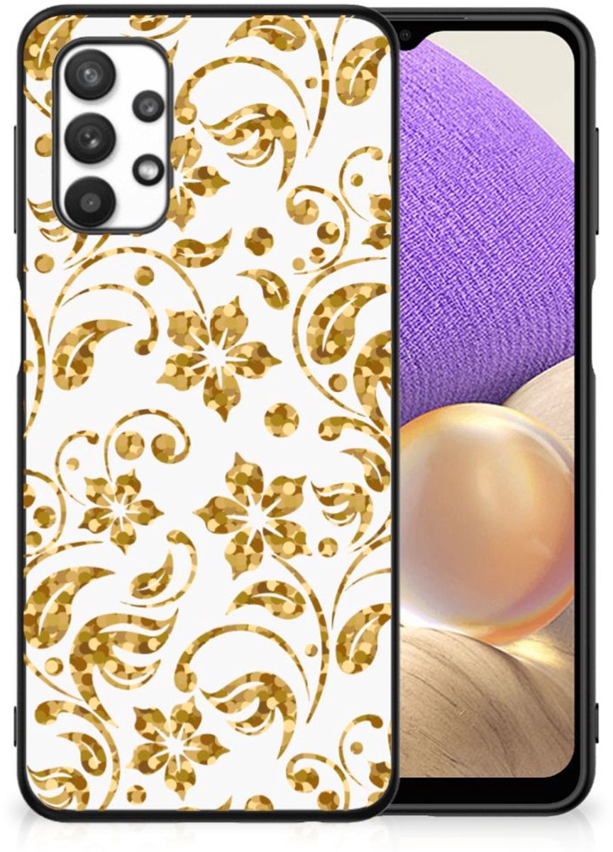Samsung Galaxy A32 5G Bloemen Hoesje Gouden Bloemen