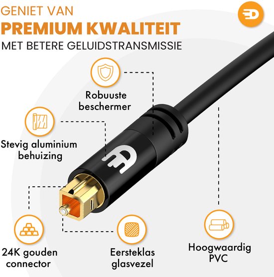 Detail van een optische kabel met 24K gouden connector, stevige aluminium behuizing en hoogwaardig PVC.