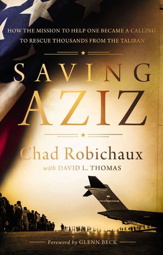 Boekcover van "Saving Aziz" met de Amerikaanse vlag, een vliegtuig en een menigte.