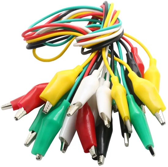 Tros van tien krokodillenklemmen met veelkleurige kabels (rood, geel, groen, wit, zwart).