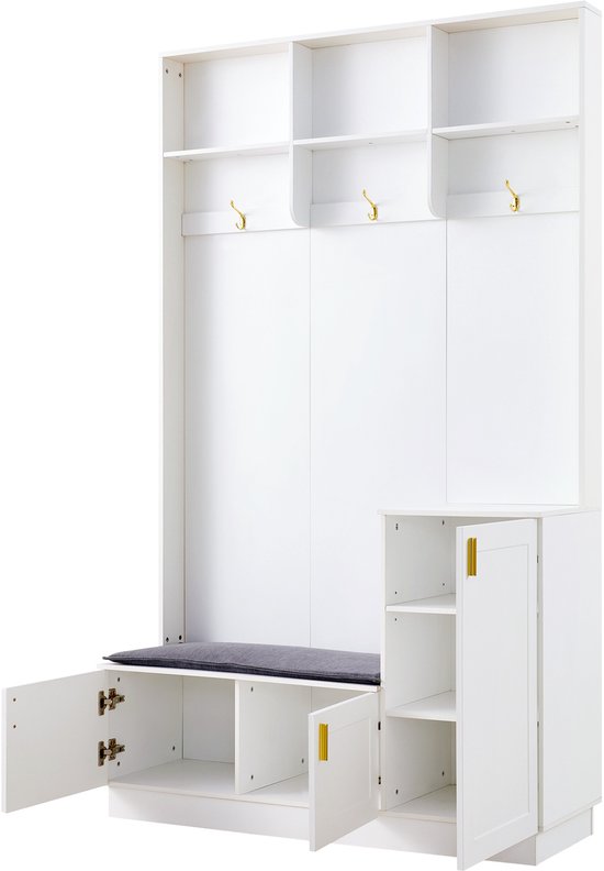 Ensemble de garde-robe Sweiko - Avec banc + étagère à chaussures - 3 crochets - 3 étagères - Wit