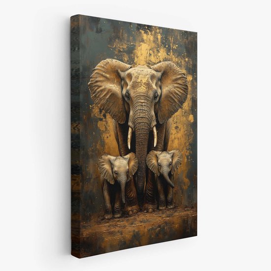 FineArtia - Moederolifant met kleintjes - Canvas Schilderij - 80 x 120 cm - Woonkamer Decoratie - Bruin - Slaapkamer Schilderij - Wanddecoratie