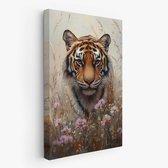 FineArtia - Tijger tussen wilde bloemen - Canvas Schilderij - 100 x 150 cm - Woonkamer Decoratie - Bruin - Slaapkamer Schilderij - Wanddecoratie