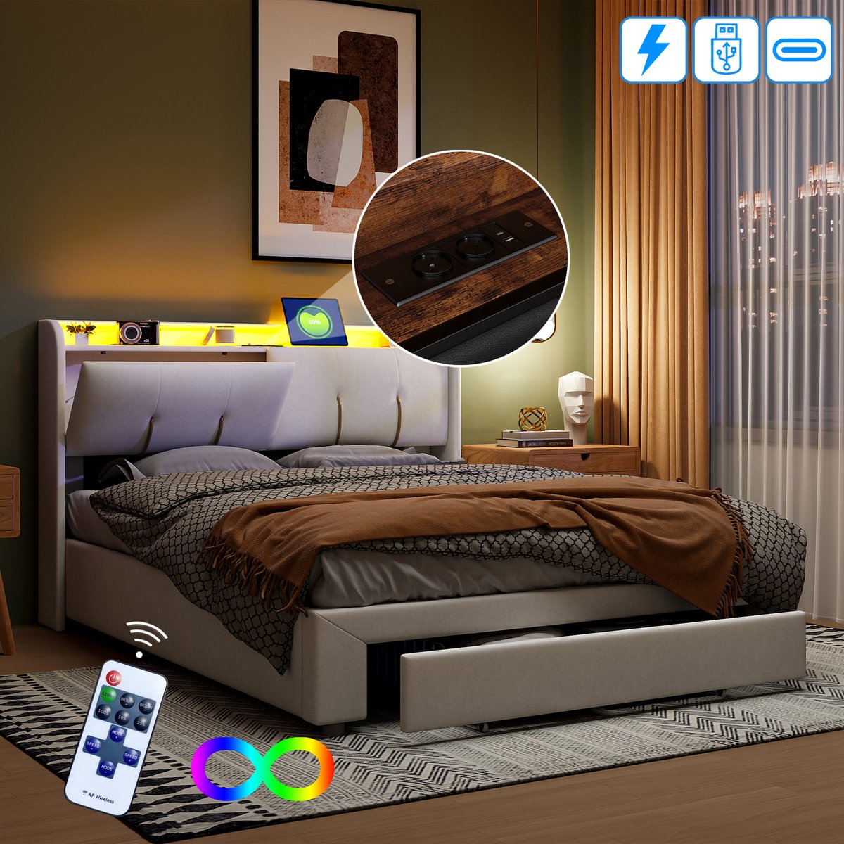 BursDany Opbergbed 160x200 cm met LED en USB, gestoffeerd tweepersoonsbed met laden, opbergruimte en lattenbodem, voor volwassenen en tieners, zonder matras, fluweel beige