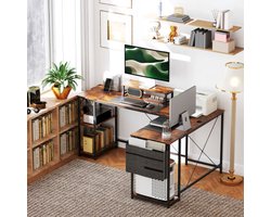 L-vormig bureau 168 x 120 cm Hoekbureau met opbergvakken, opbergtas Omkeerbaar computerbureau met monitorstandaard Gaming bureau voor kantoor, thuiskantoor, rustiek bruin