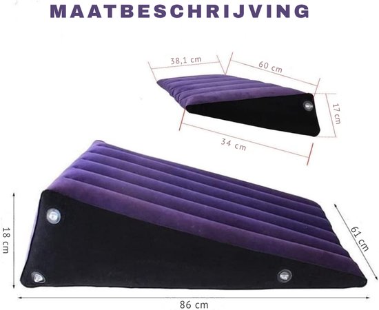 Afmetingen van het paarse en zwarte opblaasbare wigkussen, metingen in centimeters.