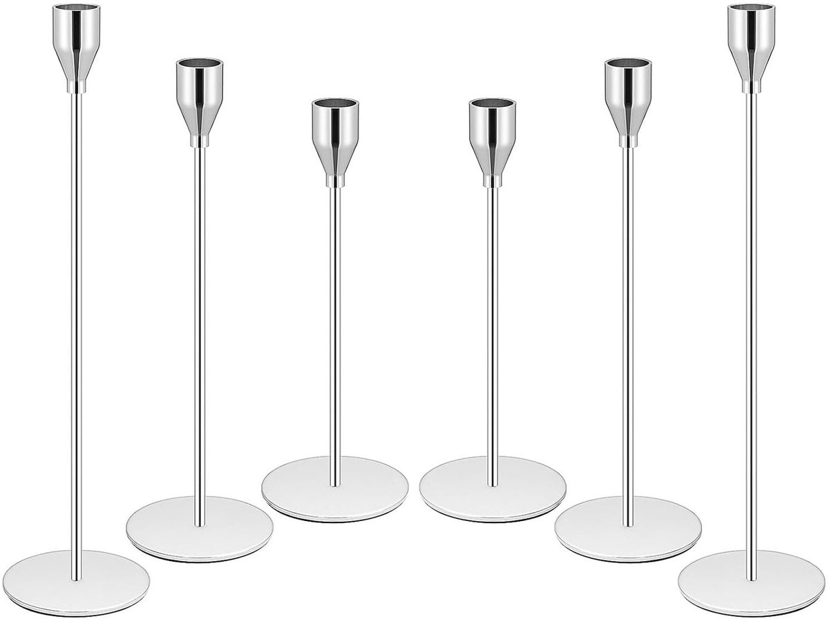 Ibenzoa Klassieke Decoratieve Zilverzwarte Kandelaar Set voor Kegelkaarsen - 6 Stuks Elegant Design
