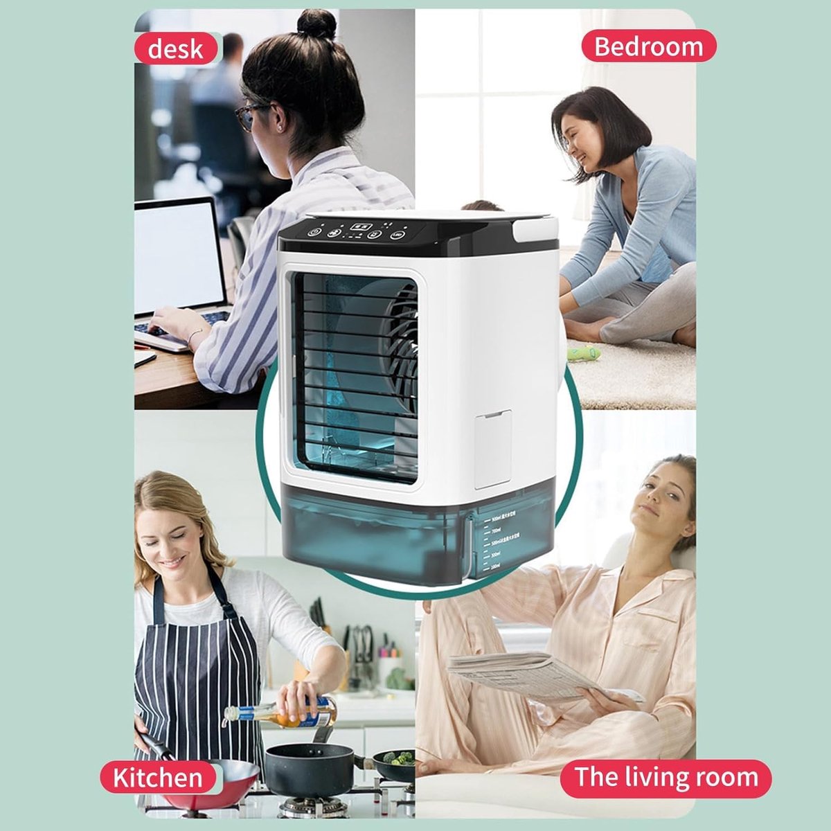 Luchtkoeler - Mini draagbare airconditionerventilator - Geruisloze verdampingsluchtbevochtiger - Airco-unit - 3-in-1 bureau-luchtkoeler met 3 windsnelheden - Koele mist - Bureaukoeler met 7 led-lampjes voor thuis, op reis of op kantoor thumbnail 4