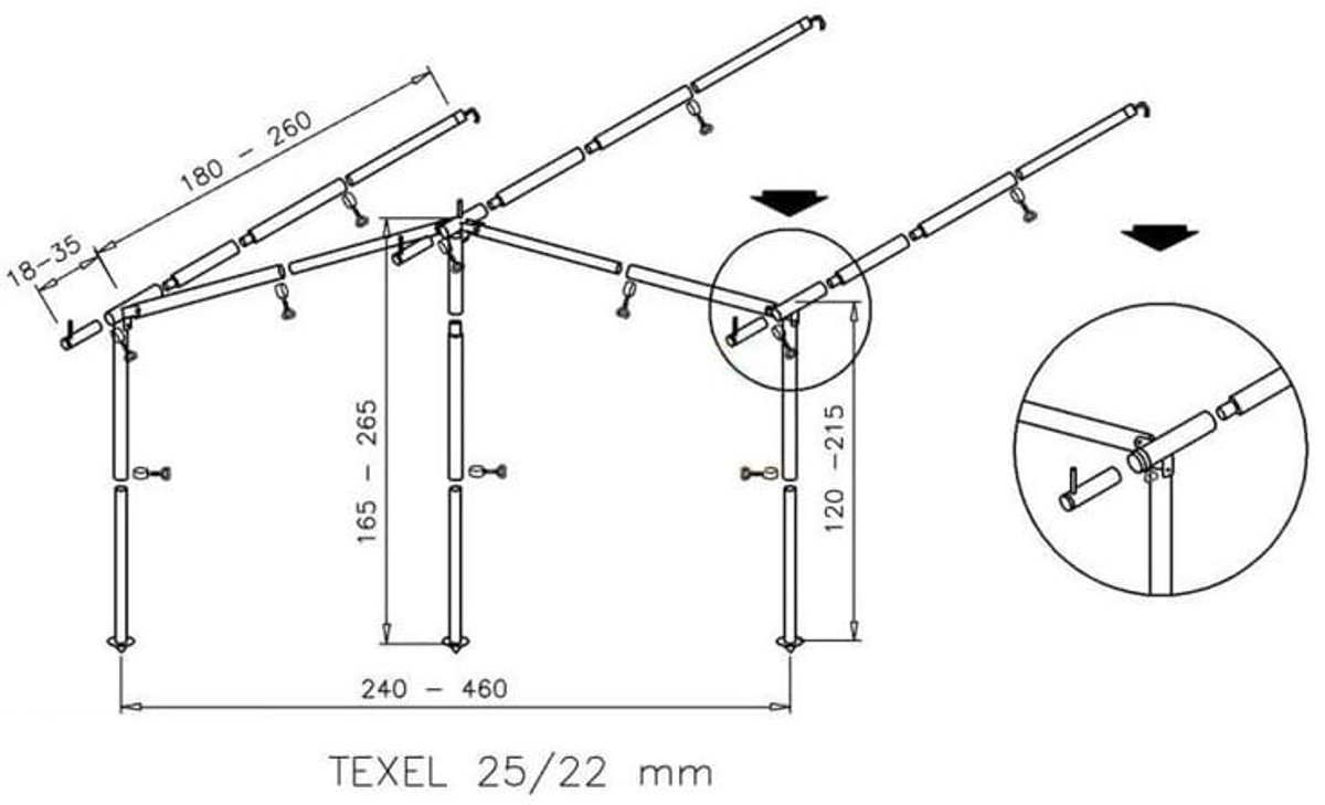 Campking Texel - Voortentframe - L 25/22 mm - 6 pennen - Staal - Universele Pasvorm - Uitbreidbaar Ontwerp