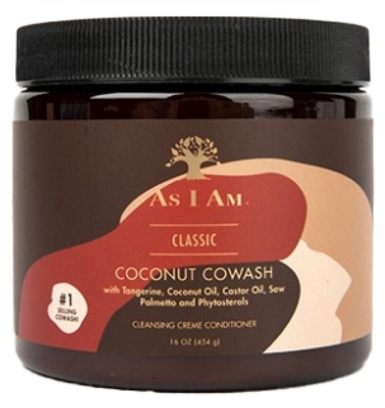 Bruine pot met zwart deksel, label met "As I Am Classic Coconut CoWash" en #1 Selling CoWash.