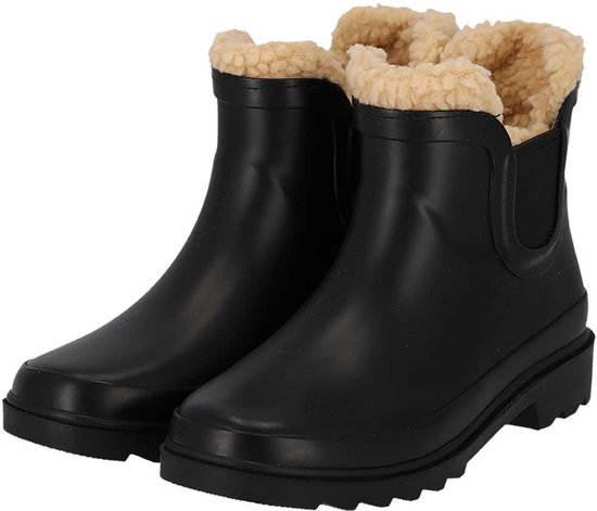 Zwarte Chelsea regenlaarsjes met beige fake fur voering.