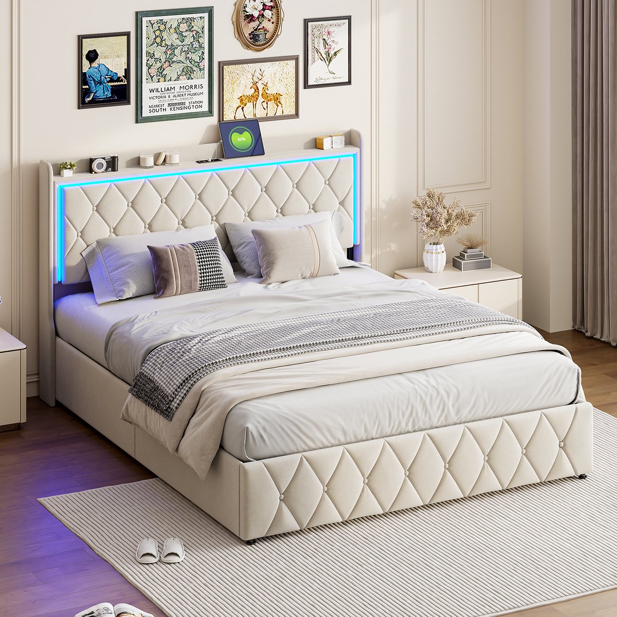 Opbergbed 140x200 cm met LED- en USB-poorten, gestoffeerd bedframe met lattenbodem, fluweelstof, eenvoudig te monteren, beige