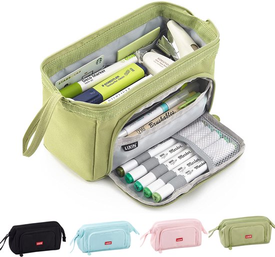 LIXIN Etui - Grote Capaciteit - Groen - Pennenzak voor jongens en meisjes - Canvas - Linnen - School etui - Etui voor kinderen en volwassenen - School - Terug naar school - Back to school - Leuke telescopishe pennenhouder - Leuk etui