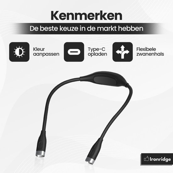 Ironridge® Neklamp - Nek Leeslamp - LED Leeslampje - Flexibele LED Leeslamp - Neklampje voor haakwerk - Bedlamp - USB-C Oplaadbaar leeslampje - 3 Lichtkleuren - Zwart van Ironridge® — afbeelding 5