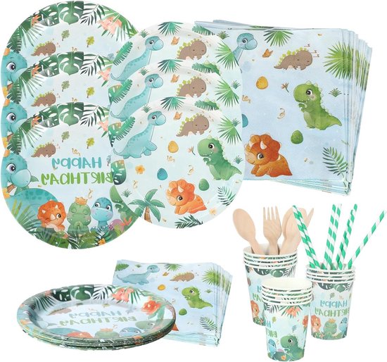 Dino Verjaardagsdecoratie – 132-delige Set Met Borden, Bekers, Servetten, Rietjes, Bestek, Voor 16 Gasten, Ideaal Voor Kinderfeestje