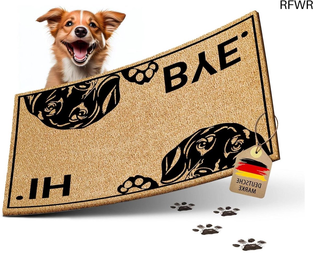 RFWR Grappige Kokos Voetmat voor Honden - Antislip en Duurzaam | 60x40cm | Ideaal voor Buiten en Binnen 07 Hi & Bye - Hond 02