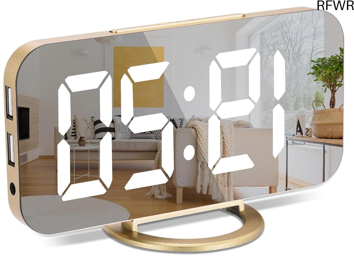 RFWR® Digitale wekker met groot LED-display en spiegeloppervlak - Dimbaar, USB-oplaadpoorten, Modern ontwerp voor slaapkamer
