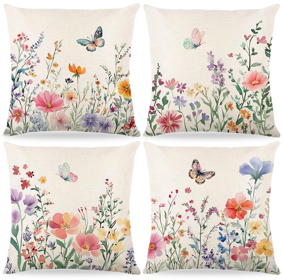 Ibenzoa Kussenhoezen Set van 4 met Lentebloemen en Vlinders voor Bank en Slaapkamer Decoratie