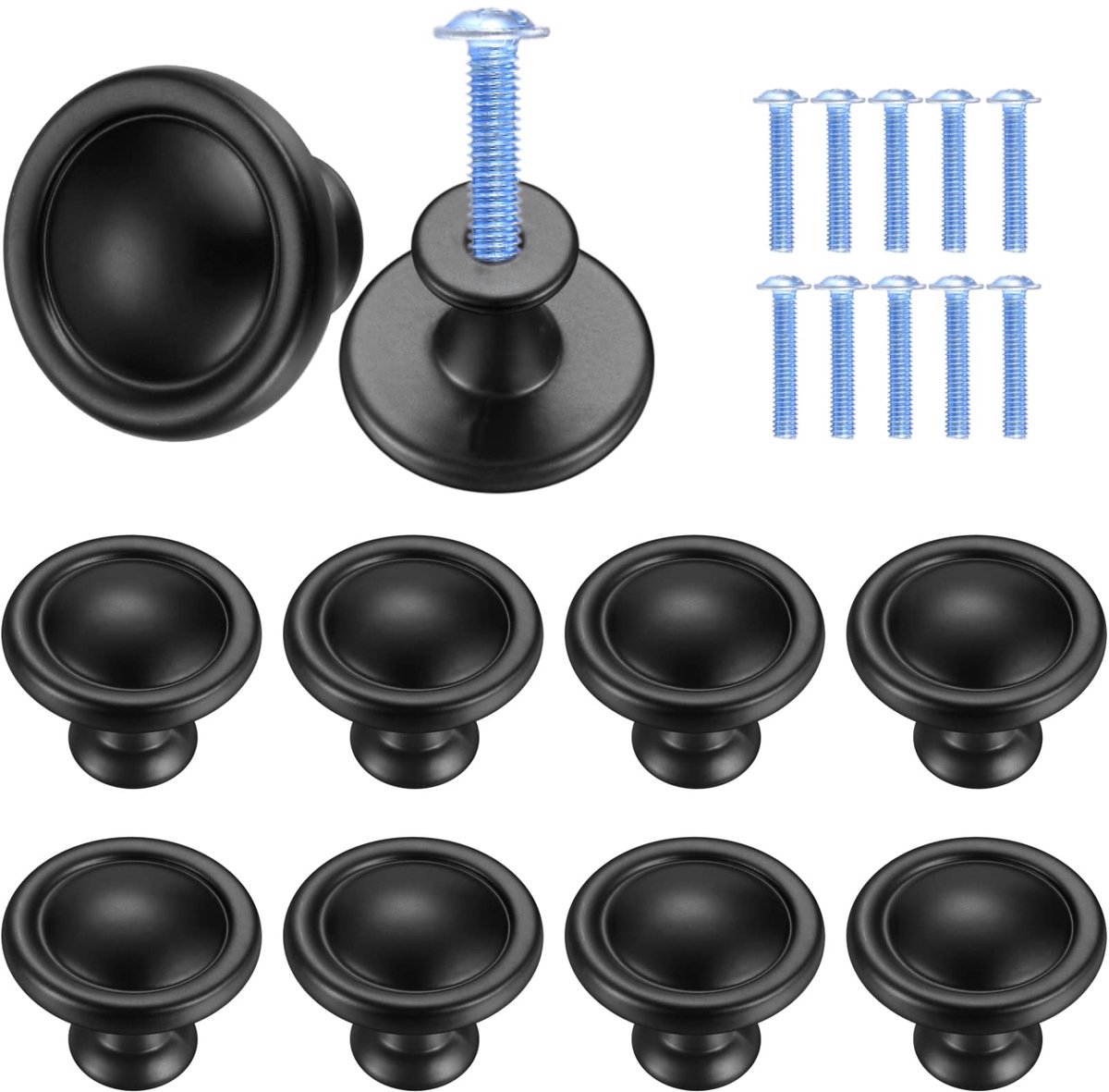 Ibenzoa® Set van 10 stijlvolle ronde zwarte kastdeurknoppen met schroeven voor keukens en meubels