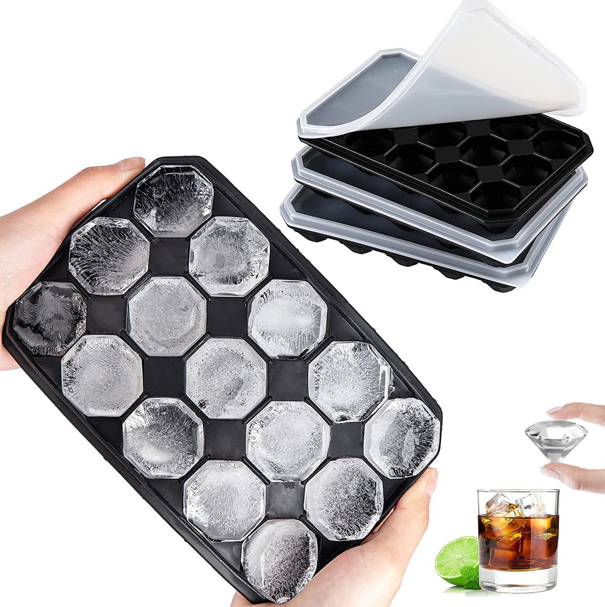 Ibenzoa® IJsblokjesvorm Set van 3 met Deksel - Siliconen Vaatwasmachinebestendig voor Diverse Dranken en Meer