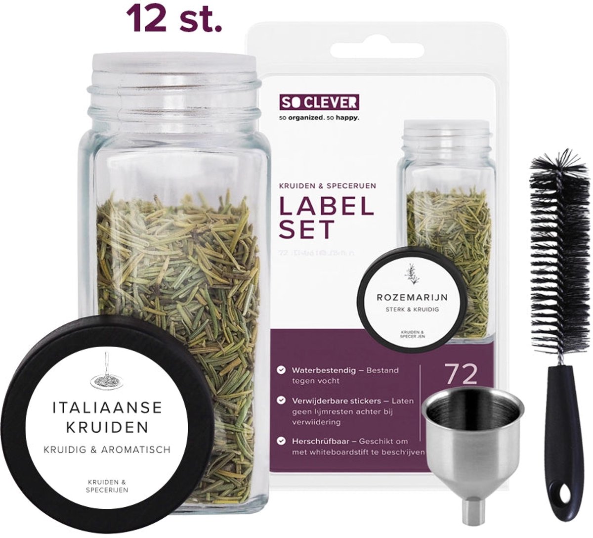 So Clever kruidenset 12 Kruidenpotjes 120 ml met Ø35mm Labels wit - Transparant & Zwart - Met deksel