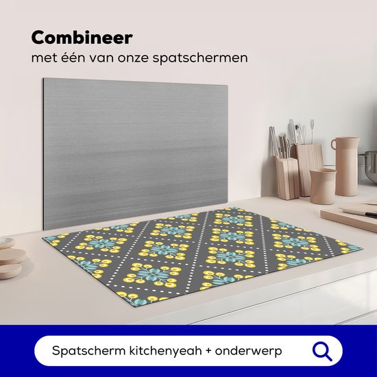 KitchenYeah® Inductie beschermer 81.2x52 cm - Design - Ruit - Bloemen - Grijs - Kookplaataccessoires - Afdekplaat voor kookplaat - Inductiebeschermer - Inductiemat - Inductieplaat mat - Keuken decoratie