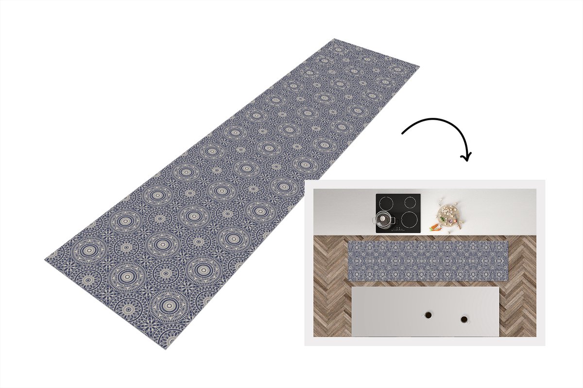 Keukenloper 240x60 cm - Keukenmat vinyl Mandala - Blauw - Patroon - Keukenmatten loper - K