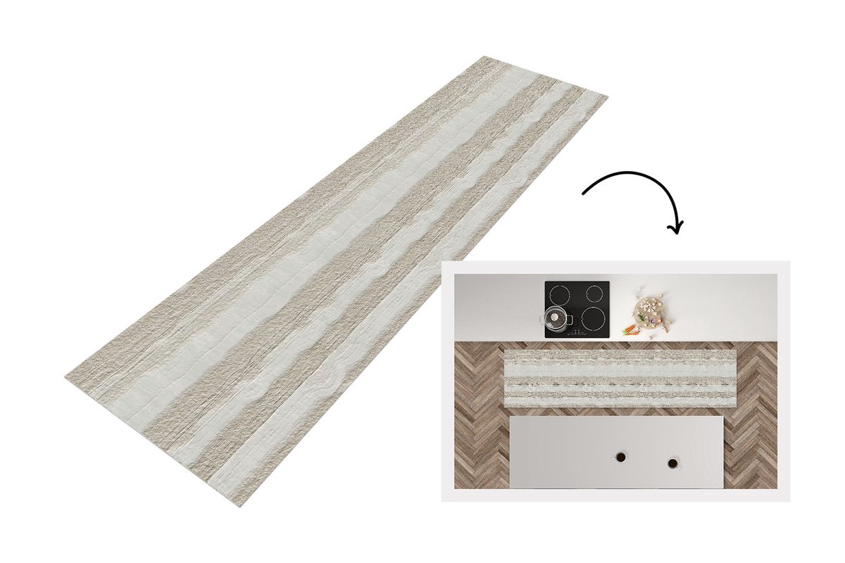 KitchenYeah Keukenloper 200x50 cm - Keukenmat vinyl Steen - Patronen - Gips - Keukenmatten loper - Keuken vloerkleed tapijt Steen - Lijnen