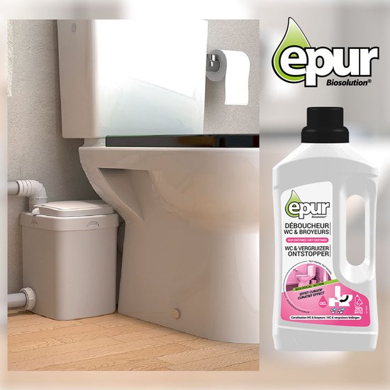 Epur WC & vergruizer ontstopper fles, naast een toilet en een vermaler.