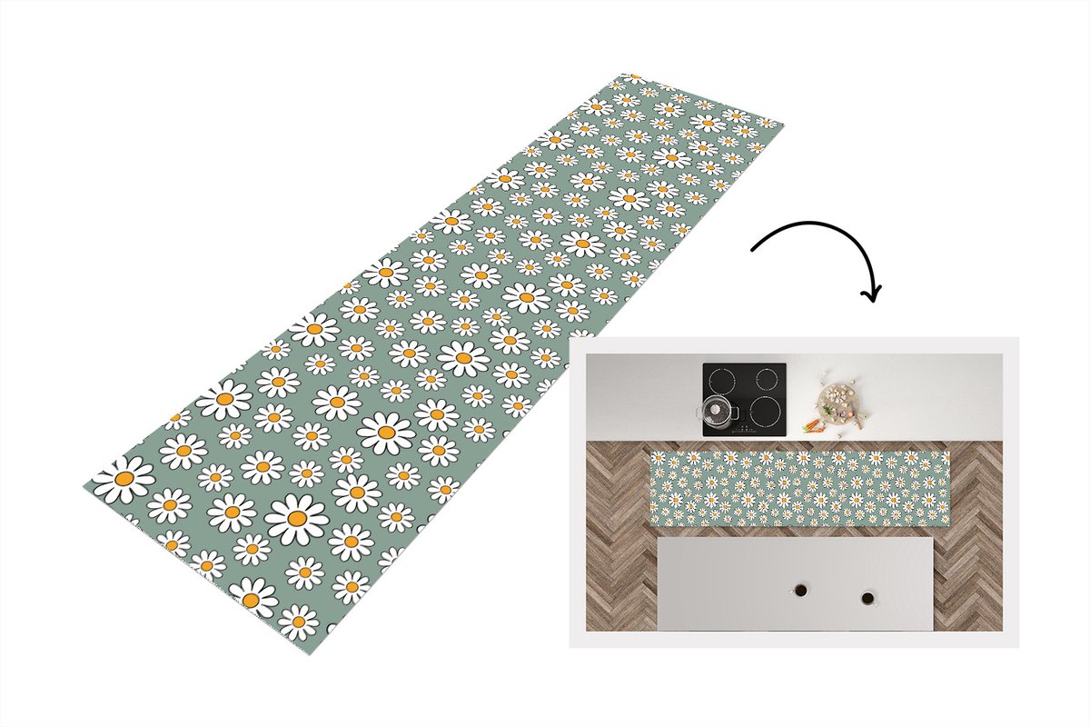 KitchenYeah Keukenloper 240x60 cm - Keukenmat vinyl Patronen - Vintage - Bloemen - Madelief - Keukenmatten loper - Keuken vloerkleed tapijt