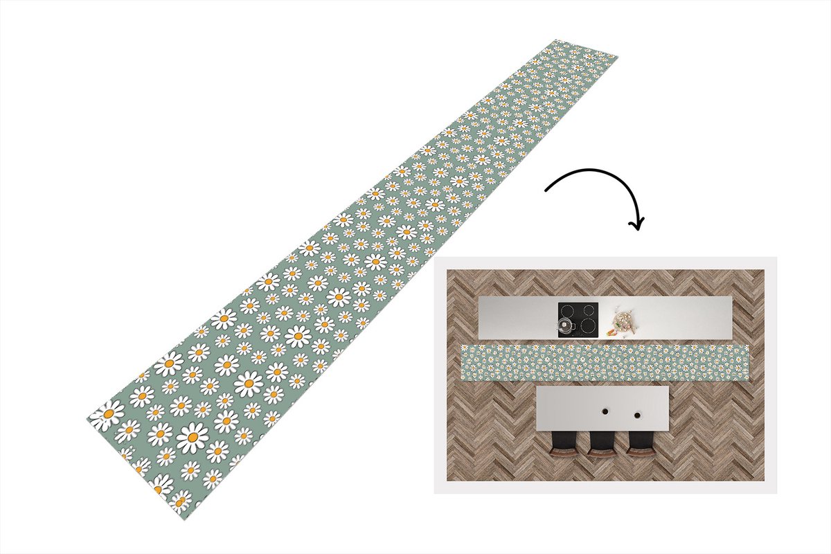 KitchenYeah Keukenloper 480x60 cm - Keukenmat vinyl Patronen - Vintage - Bloemen - Madelief - Keukenmatten loper - Keuken vloerkleed tapijt