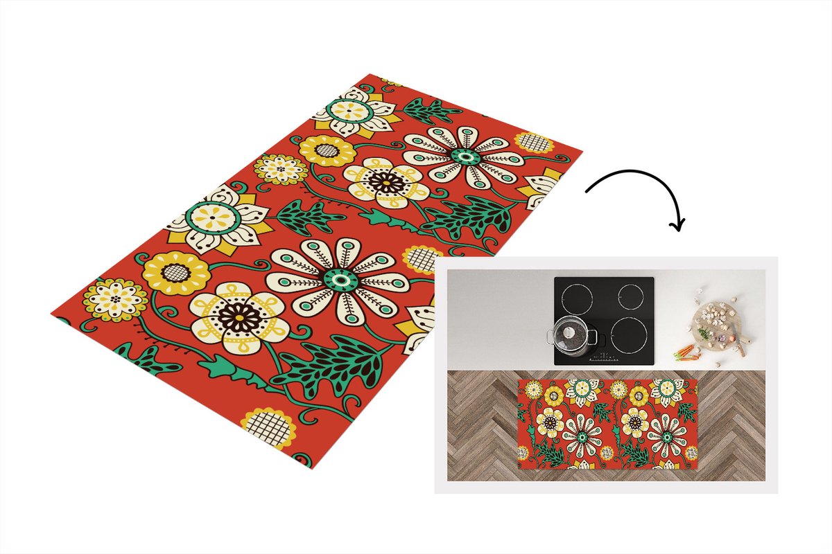 KitchenYeah Keukenloper 120x60 cm - Keukenmat vinyl Design - Bloemen - Hippie - Retro - Keukenmatten loper - Keuken vloerkleed tapijt