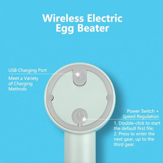 Handmatige Elektrische Mixer - USB Oplaadbare Handgeklopte Klopper met 3 Snelheidsinstellingen voor Witte Pudding - Eieren Mixen van Merkloos	 — afbeelding 2