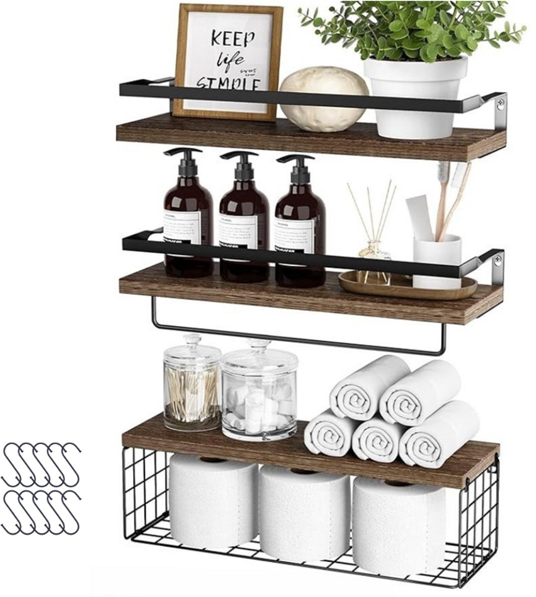 Kaëru® Wandplanken - Set van 3 - Boekenplank - Met metalen frame - Met 10 haken - Draagvermogen 10 kg per plank - 42x15.5cm - Houten planken - Badkamer, keuken, woonkamer - Vintage bruin hout
