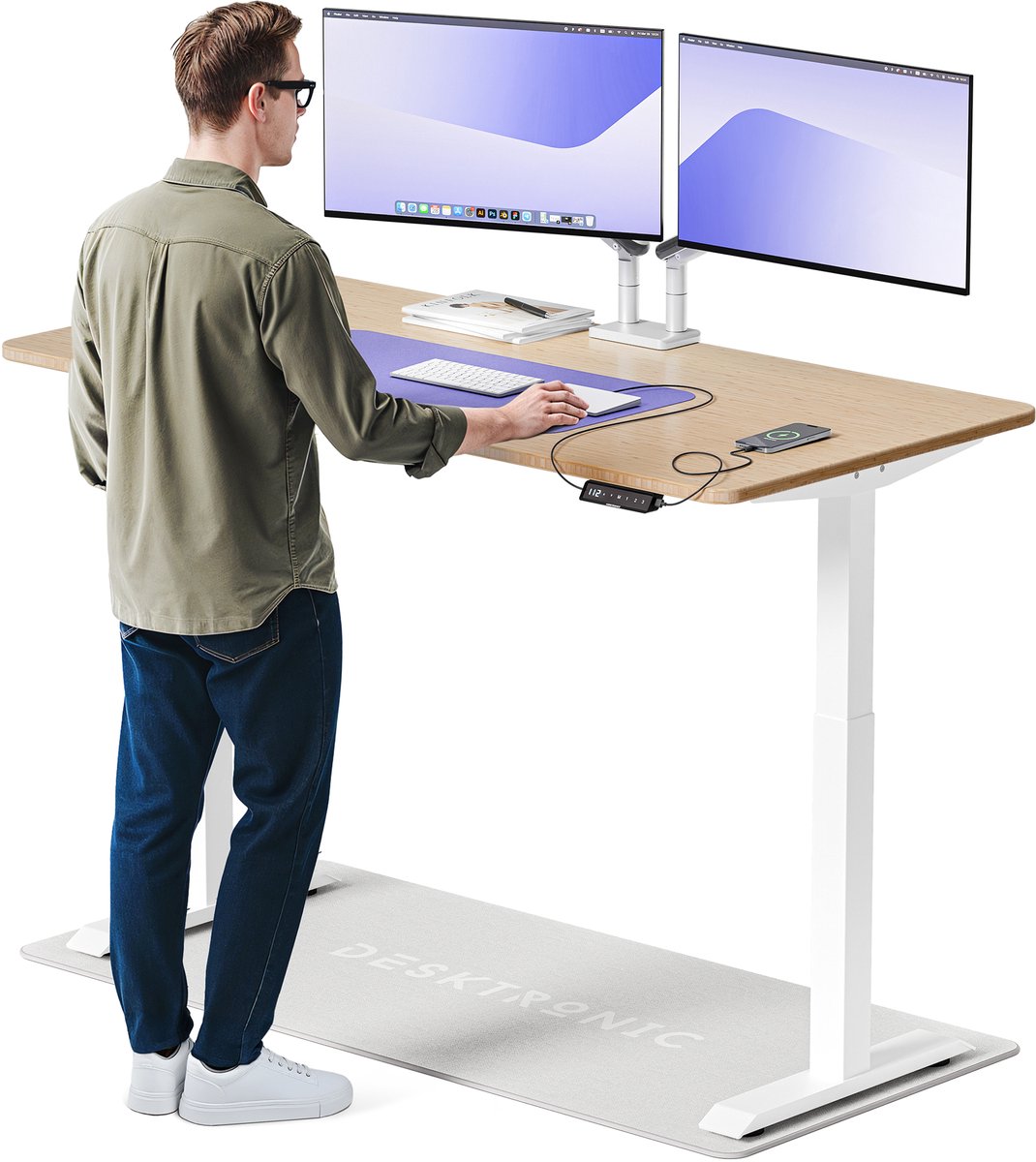 Desktronic HomeOne Zit-sta Bureau Elektrisch In Hoogte Verstelbaar, 160x80 cm Bamboo/Wit, Stille Dubbele Motor, Hoogte 72-119cm