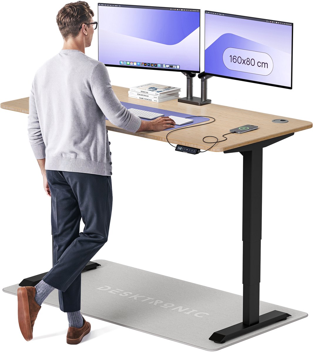 Desktronic HomePro Zit-sta Bureau Elektrisch In Hoogte Verstelbaar, 160x80 cm Bamboo/Zwart, Stille Dubbele Motor, Hoogte 62-126cm