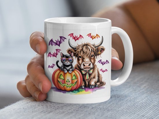 Highland Cow, Cat, Halloween Mok, Cute Animal Halloween, Funny Cow, Cat Jackolantern, Unique Halloween Mok Gift, Autumn Halloween