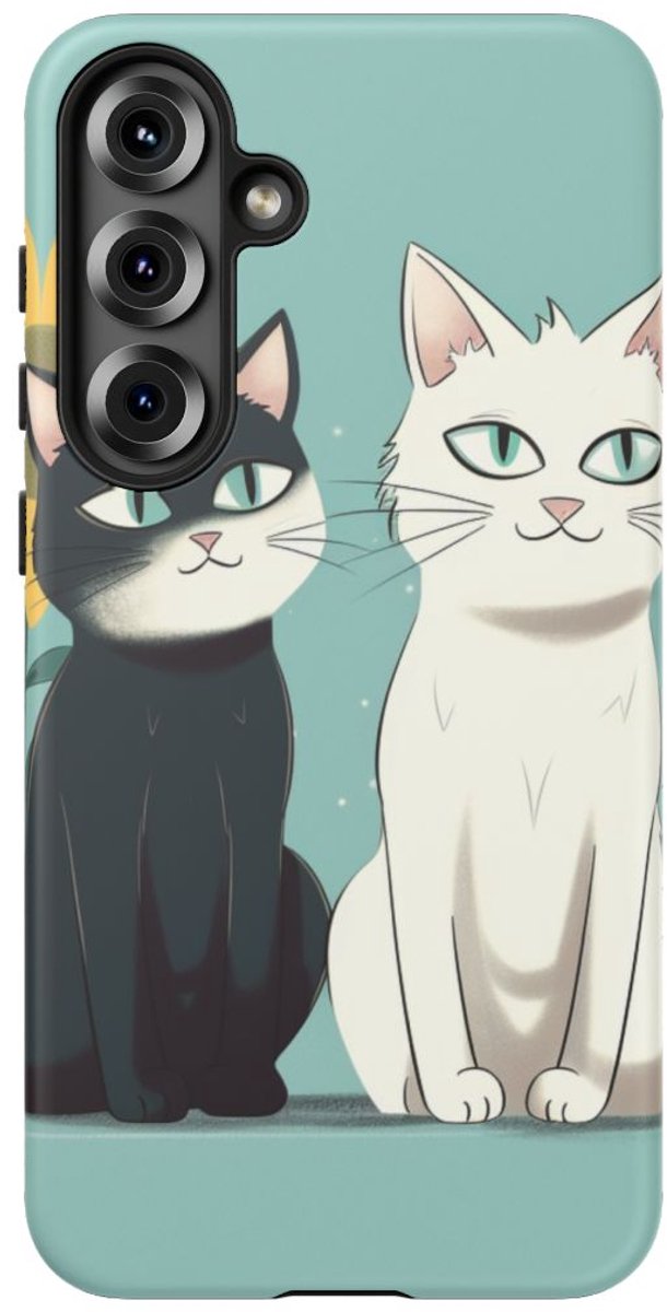 Twee Cartoonkatten met Zonnebloem – Telefoonhoesje Geschikt voor Samsung Galaxy S25 Plus