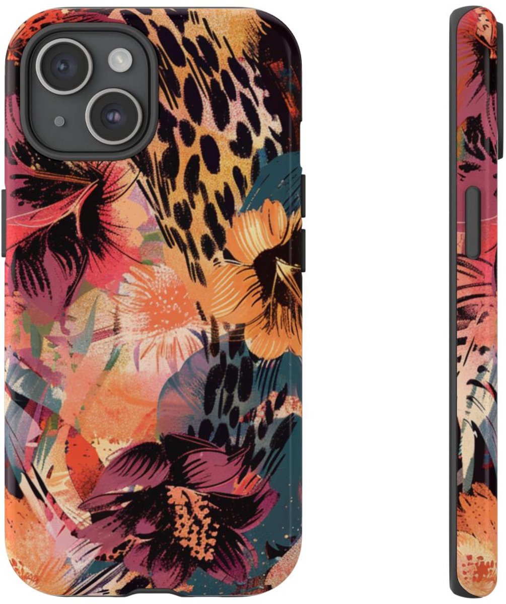 Abstracte Bloemen- en Dierenprint – Telefoonhoesje Geschikt voor iPhone 15