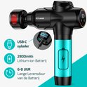 Zwarte massagepistool met USB-C oplader, 2800mAh batterij voor 6-8 uur gebruik.