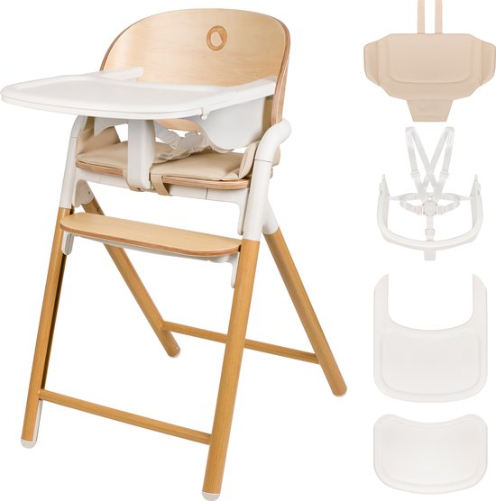 Chaise haute en bois Lionelo Celia 3 en 1 – De Bébé à adulte – Siège et repose-pieds réglables – Harnais 5 points – Revêtement en Eco– Comprend BabySet et plateau – Capacité de charge jusqu'à 90 kg