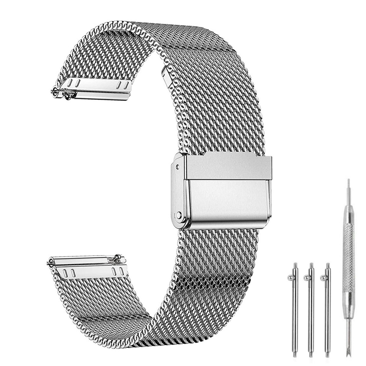 Premium Milanese Mesh Horlogeband - 18mm - Roestvrijstalen RVS Band Met Interlock Veiligheidssluiting - Universeel Verstelbaar Polsbandje (167-252mm) - Geschikt Voor Smartwatch Traditioneel Horloge - Zilver - Incl. Snelsluiting En Gereedschap