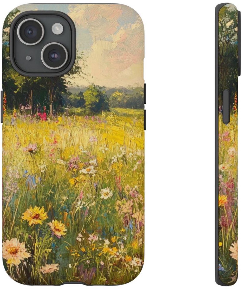 Zonnig Wilde Bloemenveld Schildering – Telefoonhoesje Geschikt voor iPhone 15