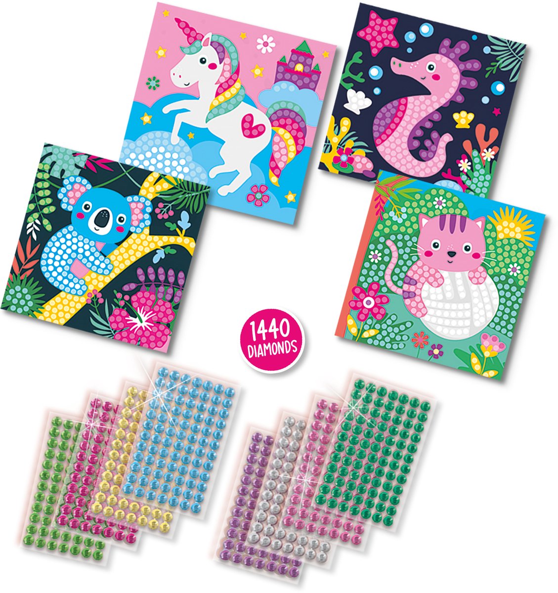 SES Creative - Hobby Pink - Diamond Painting - Vrolijke Dieren - Knutselen Meisjes - 1440 Diamant Stickers met 4 Gekleurde Kaarten - Vanaf 3 jaar — afbeelding 2