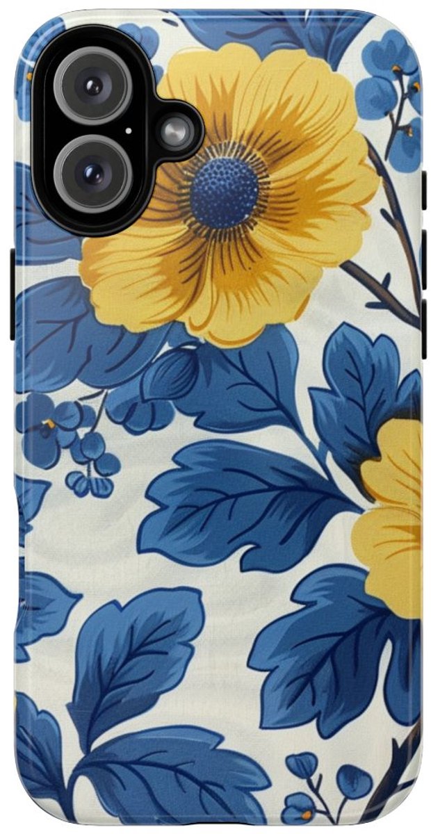 Blauw-Geel Bloemenpatroon – Telefoonhoesje Geschikt voor iPhone 16 Plus