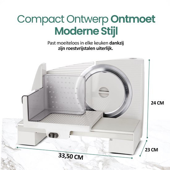 Emerio Multifunctionele Snijmachine - 110W - Dikte Verstelbaar 0-15mm - RVS Mes - Elektrische Snijmachine voor Brood, Kaas en Vlees - Broodsnijmachine Elektrisch - MS-125001 Allessnijder Wit