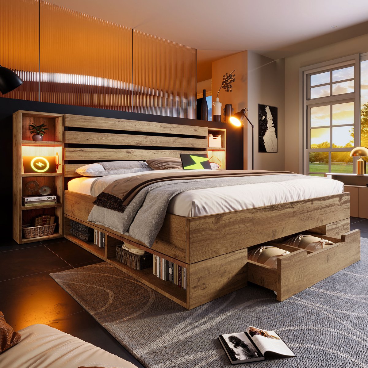 VVBV Bedframe 180x200 cm met opbergruimte, hoofdbord met USB-C aansluiting en lades, tweepersoonsbed met ledverlichting, massief hout, eiken(Matras niet inbegrepen) grijs